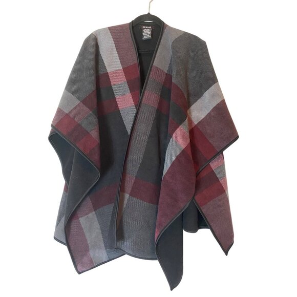 Ike Behar Plaid Wrap Poncho Plaid Black Burgundy & Gray One Size Fits Most - Picture 1 of 7